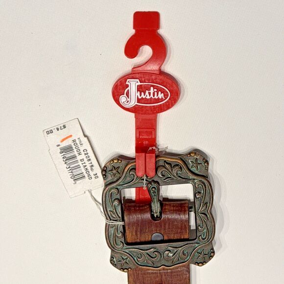 NWT $74 Justin Rough Diamond Studded Western Belt Brown Leather Women’s Size 30 - Picture 3 of 11